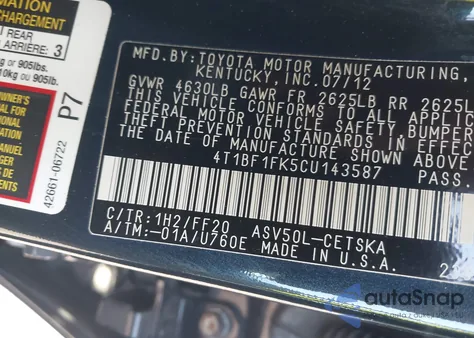 2012 Toyota Camry Se из США, поврежденный, VIN 4T1BF1FK5CU143587